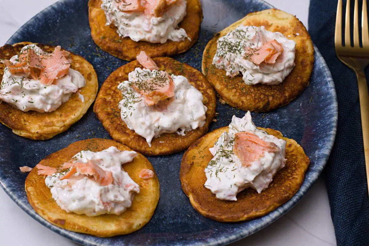 Carrot pancakes with smoked salmon filling. 