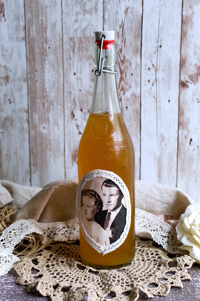 decorated mead bottle with image.