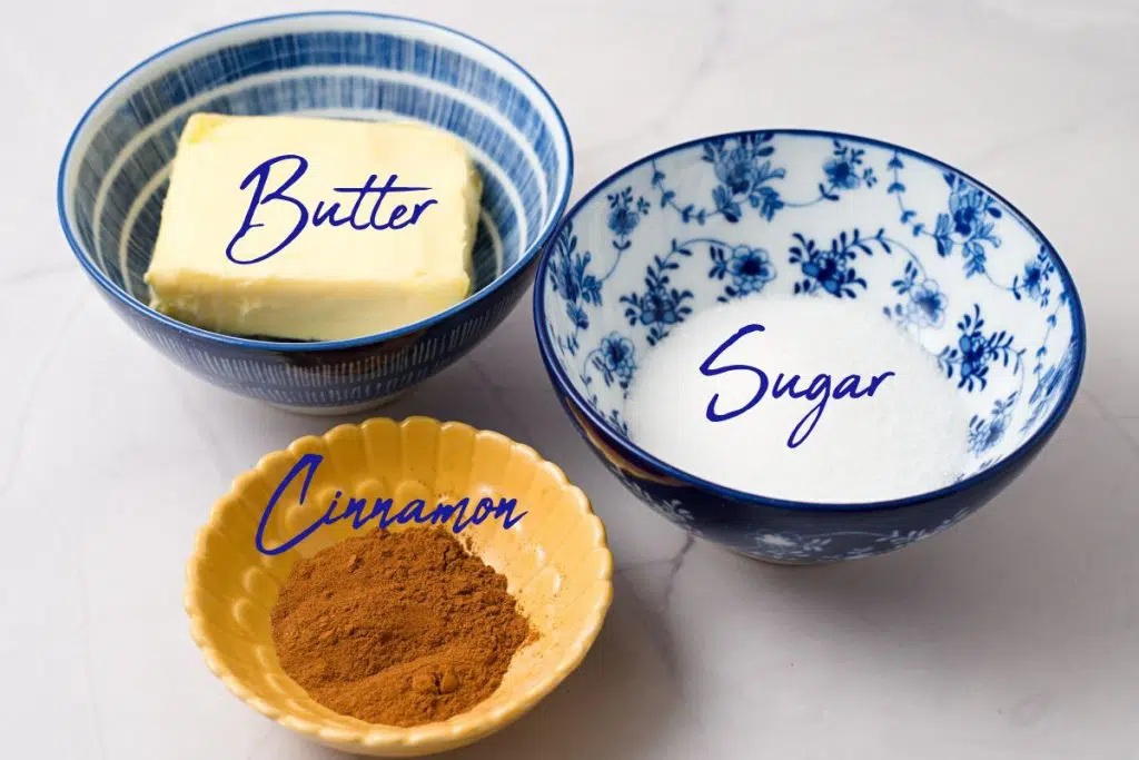 filling ingredients in blue bowls and text labels. 