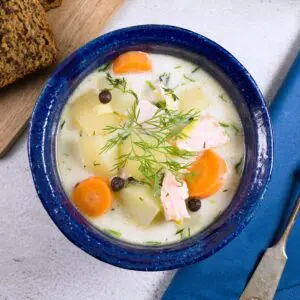 salmon soup with potatoes and cream.