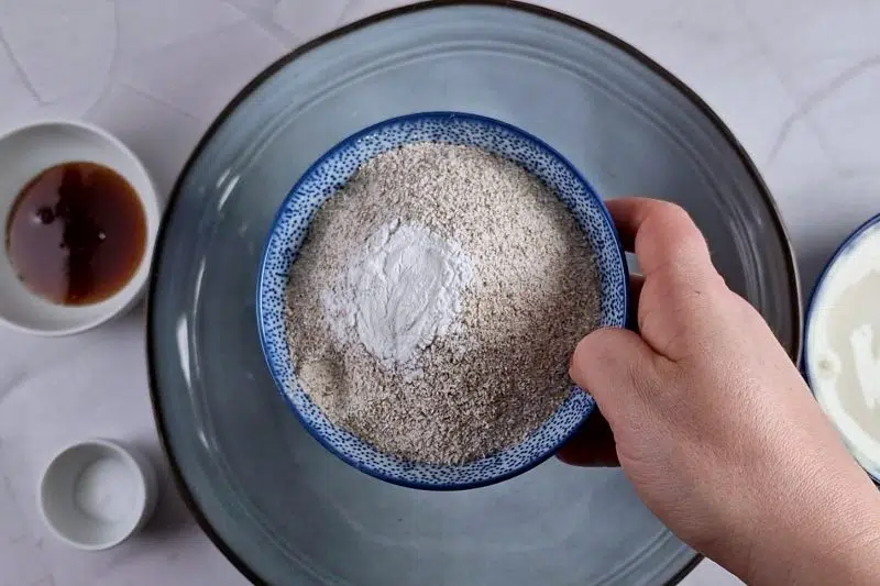 bowl with rye flour and baking powder.