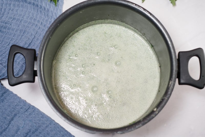pureed smooth green soup in black pot.