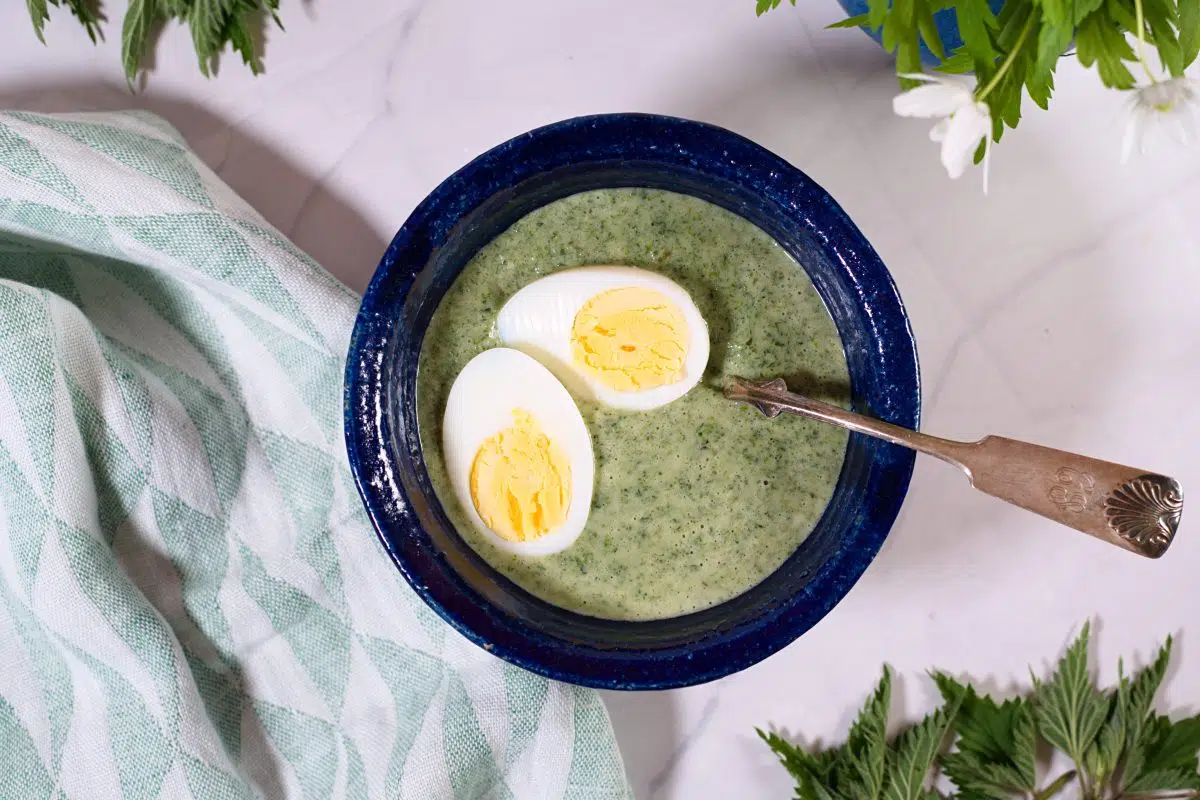 green nettlle soup that is pureed with hard boiled egg halves in blue bowl and white flowers.