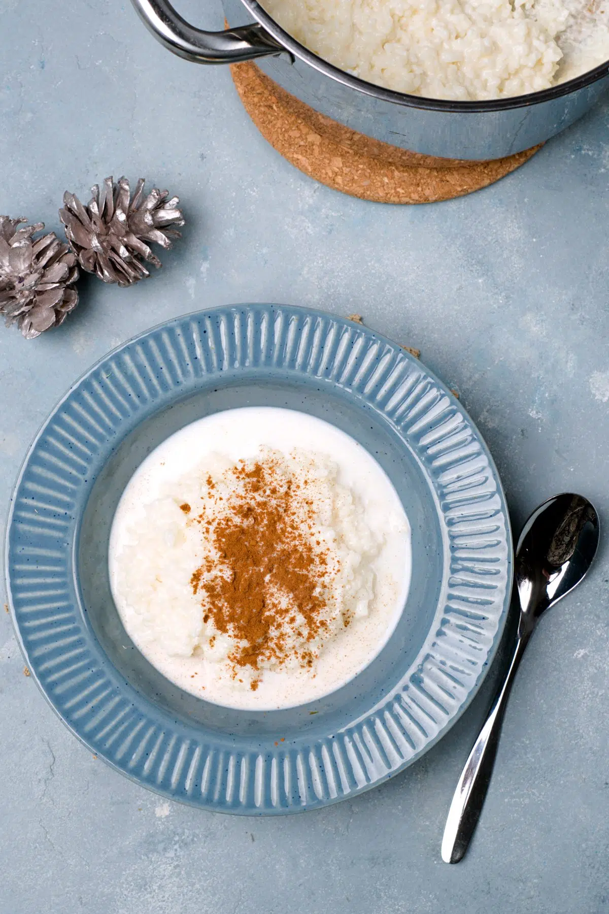 white porridge on blue plate. 