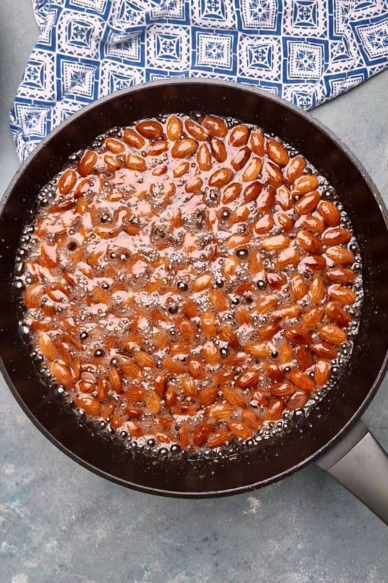 almonds mixture bubbling on pan. 