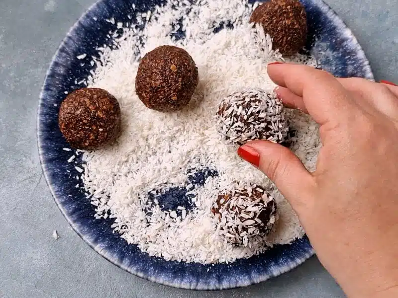 rolled chocolate balls in coconut flakes. 
