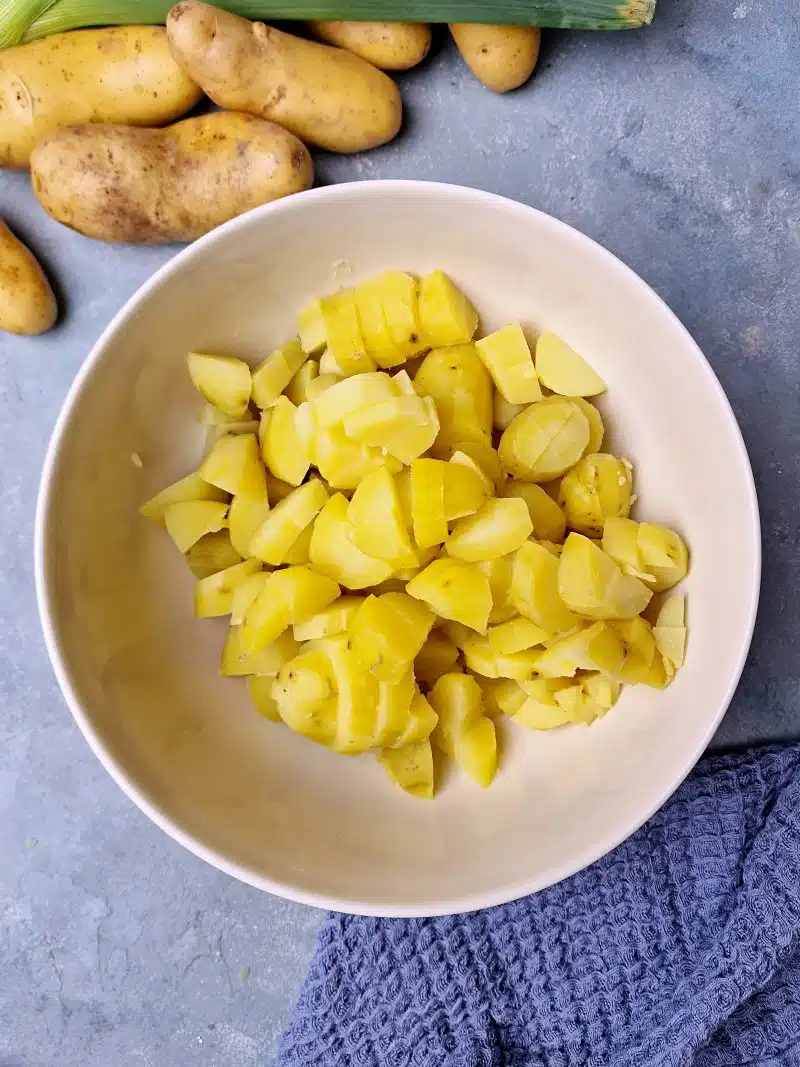 Potato cubes in bowl. 
