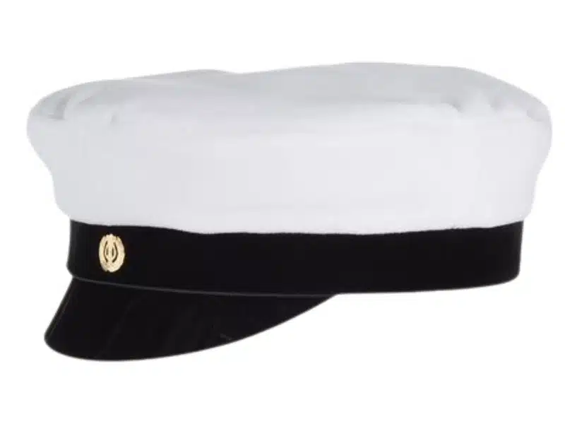 A Finnish student cap with black rim and white upper part and a golden lyra . 