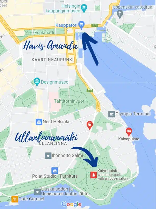 Map showing where the happenings are at First of May in Helsinki.