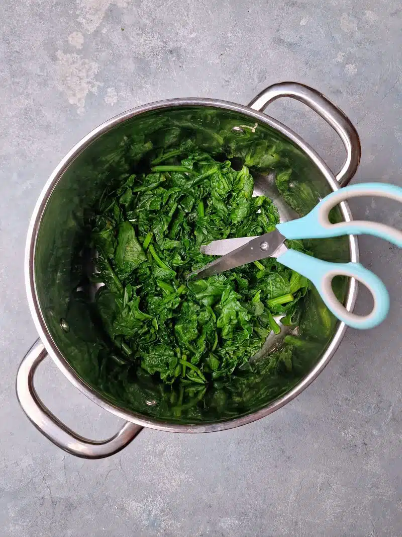 Boiled spinach reduced in size in spot, chopping with scissors. 