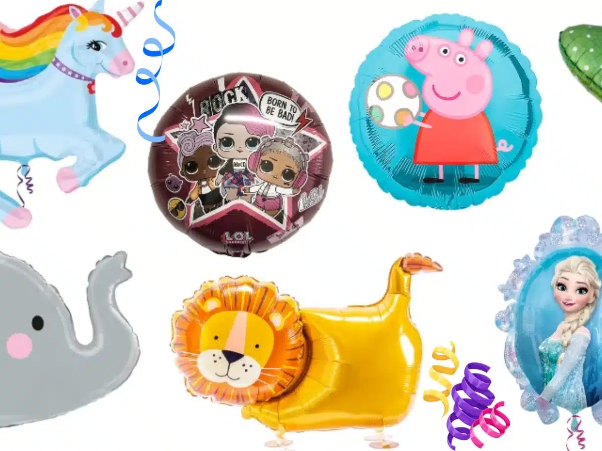 Some balloons with animal and cartoon figurines. 