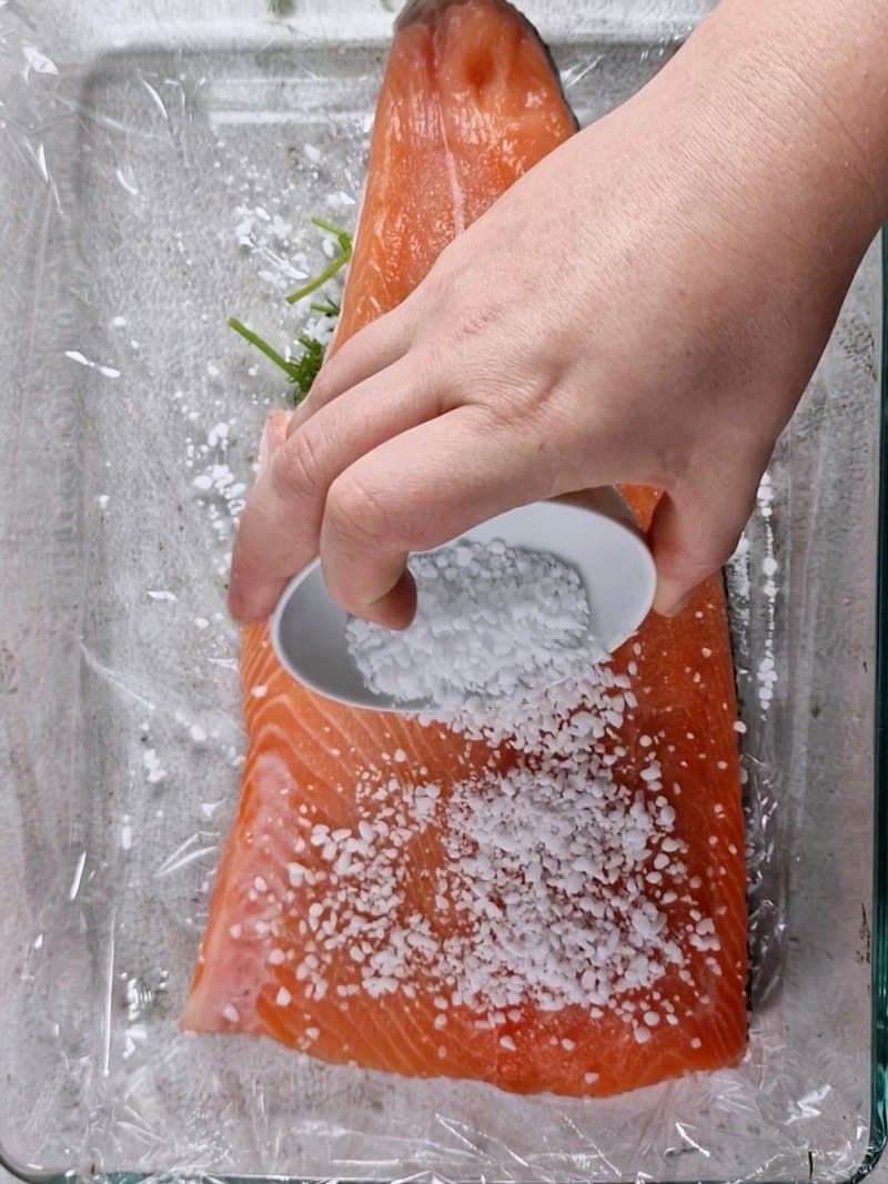 Adding coarse salt on top of salmon filet. 