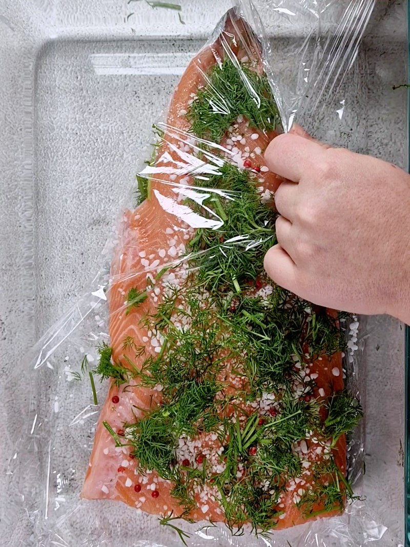Fresh dill and red pepper on salmon filet. 