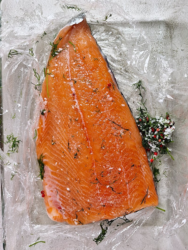 Salmon filet after curing and dill removed. 