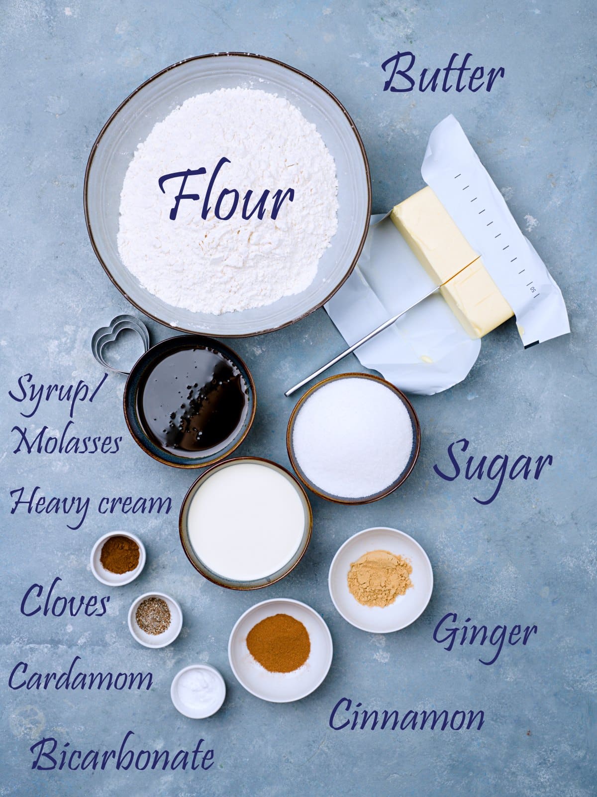 Ingredients for gingerbread cookies in small cups, spices, flour, butter, cream, sugar and molasses. 