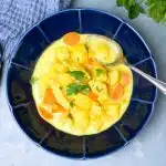 Yellow creamy chicken soup in blue plate.