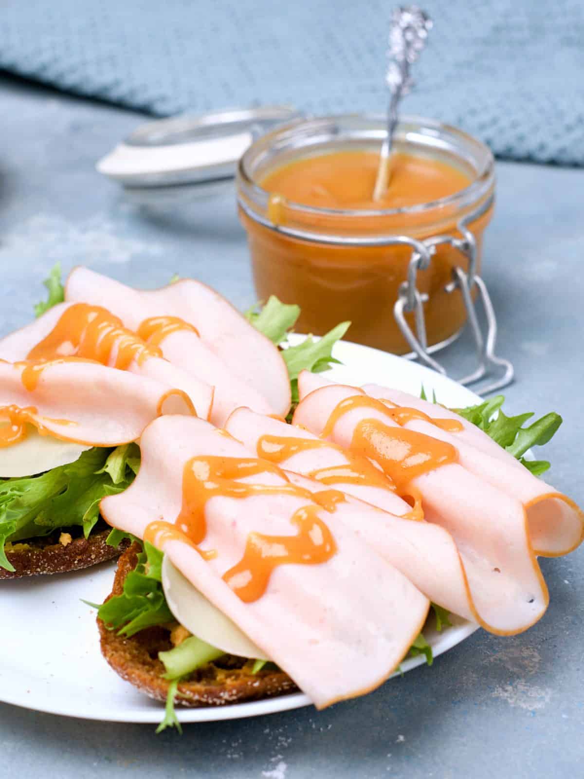 Open faced sandwiches with turkey slices and mustard. 