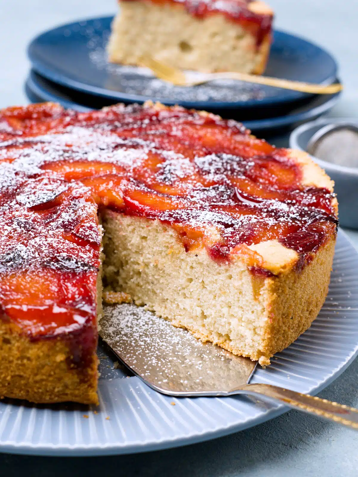 closeup on plum cake so you can see the inside consistensy and the plum topping. Decorated with powdered sugar. 
