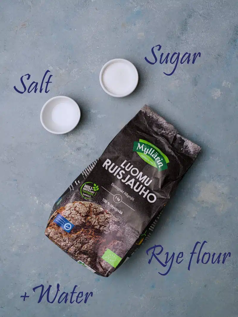 Rye flour bag, salt and sugar with labers on blue background.