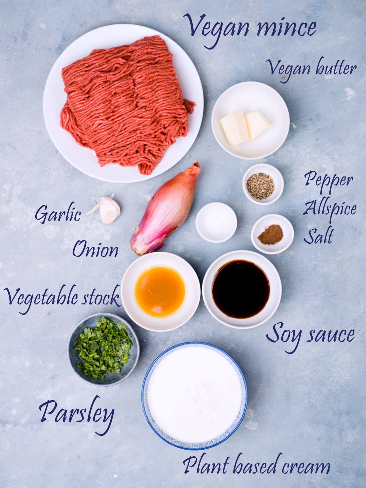 Ingredients to meatballs laid on table with labels. 