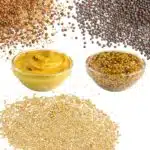 Black, brown and yellow mustard seeds and two different types of mustard inn bowls.